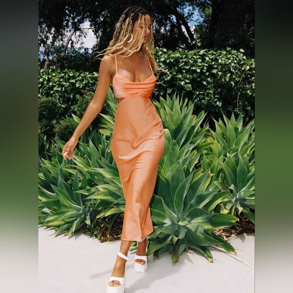 Princess Polly Orange Giselle Satin Draped Cowl Cutout A-line Midi Dress 8US